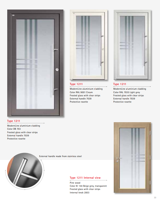 Type 1211 ModernLine – ModernLine Frosted Glass, Clear Strips Entry Door, Durable Aluminium Cladding, Pine Interior, Multipoint Security, Custom RAL Colors, Flush Stainless Handle